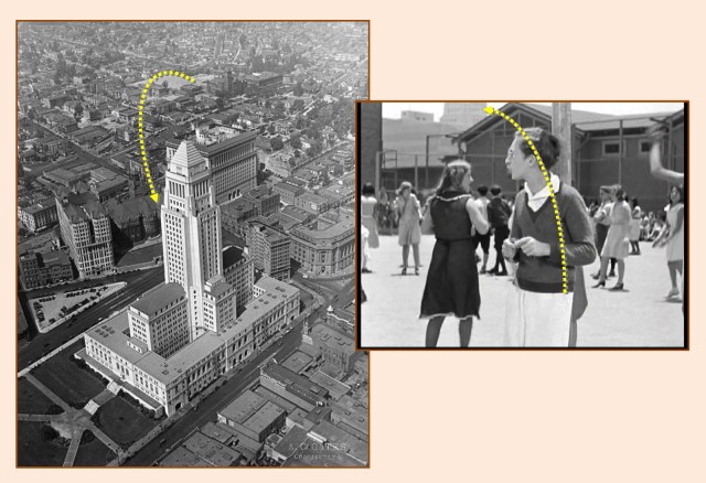 Recently completed City Hall looms in the background during this playground scene from Three On A Match.  LAPL