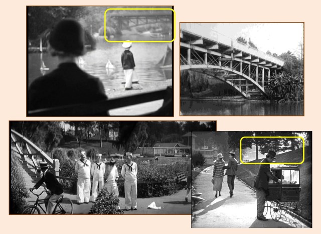 Bette Davis watches over Ann's son as the former 6th Street Bridge straddling Hollenbeck Park appears at back.  Below, a panoramic view of the park, looking south towards the bridge, from Laurel & Hardy's Men O' War and Harold Lloyd's Girl Shy.