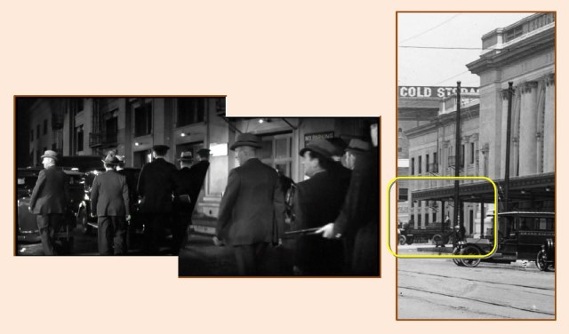 The 'G' Men gunfight was staged north of the depot lobby. USC Digital Library.