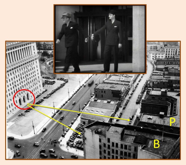 Looking east toward the Hall of Justice south entrance, and the former post office (P) and bank (B).  USC Digital Library.