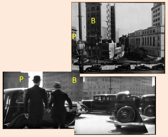 Matching views looking south from the Hall of Justice towards the post office (P), the International Bank Building (B), and City Hall. USC Digital Library.
