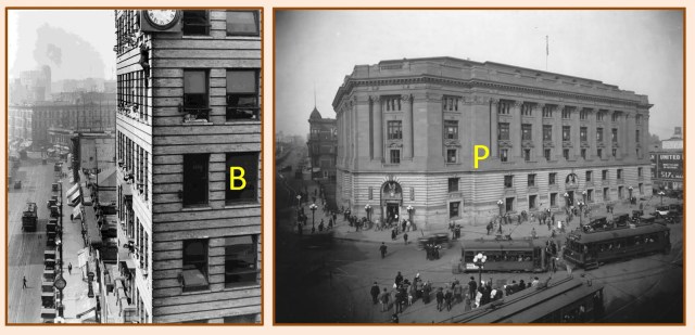 A closing comparison shot of the International Bank Building (B) as it appeared during Bill Strother's real-life climb staged for Safety Last!, and a view looking up Temple at the former Post Office building.  USC Digital Library. 