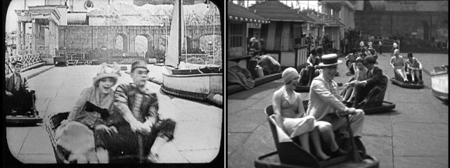 Buster Keaton (far left) and Al St. John rode the same Witching Waves ride during their short comedy Coney Island (1917) that Harold and Ann Christy rode ten years later filming Speedy
