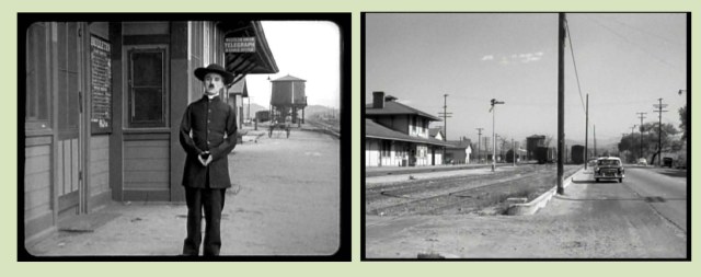 Charlie beside the Saugus station in The Pilgrim and as it appears in Suddenly.