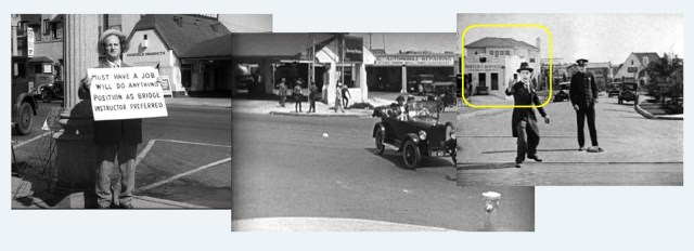 Larry Fine in Hoi Poloi (1935), Harold Lloyd and family in Hot Water (1924), and Harry Langdon in His Marriage Wow (1926), a panorama at 1st and Larchmont. The home at back still stands, see further appearance below.