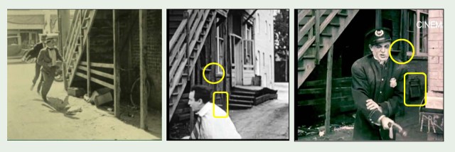 The Grim Game shows the rickety stairway that once stood at the west alley entrance on Cahuenga, also seen in these Christie comedies All Jazzed Up (1920) at left, and Hubby's Night Out (1917) Cinematek.