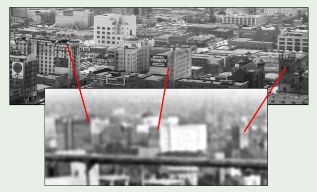 This final SE view reveals at left the north side of the extant Hotel Stillwell. USC Digital Library. 