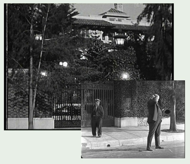 During Cops (1922) Buster spies Big Joe Roberts' dropped wallet in front of the towering Bergstrom estate, once standing at 590 N. Vermont, featured in Harry Houdini's The Grim Game (1919).