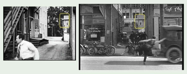 Houdini also filmed a brief scene at the Cahuenga alley just south of Hollywood Blvd. where Buster filmed this famous stunt from Cops. The tall Palmer Building, undergoing construction behind Buster, still stands on Cosmo Street.