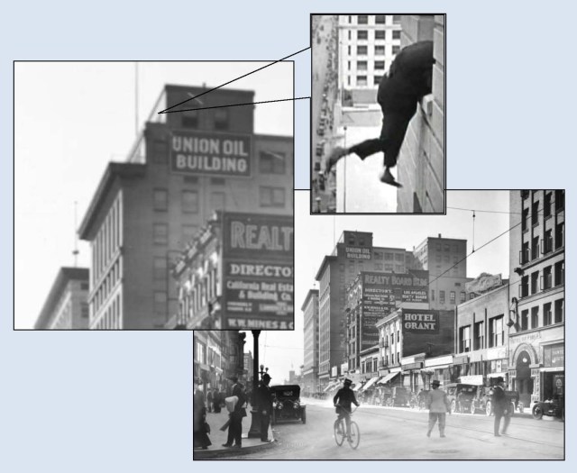 Looking south down Spring from 6th towards the Bartlett Building (Union Oil). USC Digital Library.