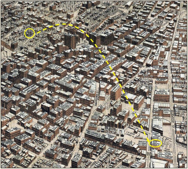 The Bradbury Mansion studio on Court Hill, upper left, and the filming site, lower right.