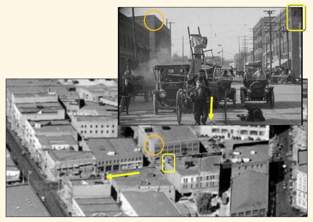 A matching aerial view of the block. The gap between the buildings in a rail spur crossing the avenue. LAPL.