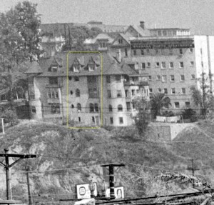 This side view of the relocated Castles Tower shows the middle section added after the building was relocated and expanded