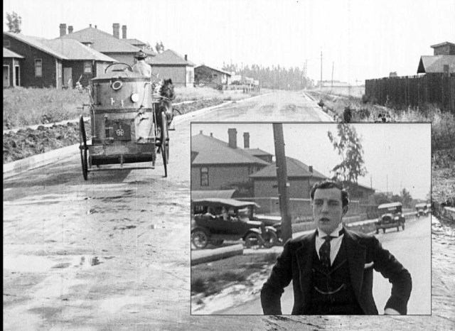 Looking south down Lillian Way from Eleanor - Chaplin in The Fireman and Keaton (inset) eight years later in Sherlock Jr.
