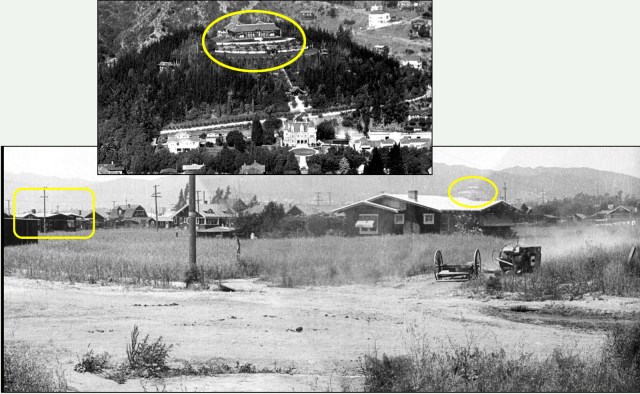 Looking north at the corner of Willoughby and Cole, towards 911 Cole (right box), and 917 Wilcox (left box), the only structure in this image to survive, apart from Yamashiro's high on the hill at back. 