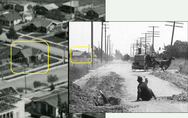 This detailed view matches a 1922 aerial photo with the 1916 movie frame - Vine (red box) stands at back.