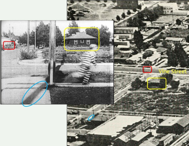 Returning to Convict 13, Buster runs down Lillian Way, with the shadow of Leo White's telephone pole (blue), a car driving north up Vine (red box), and the homes at 6200 and 6206 Eleanor (yellow box) at back. 