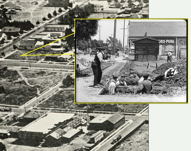 In Keaton's The Playhouse Buster invites a group of ditch-diggers to join his vaudeville show, while the market at 6248 Santa Monica Blvd. stands at back - barely two blocks from the studio. 