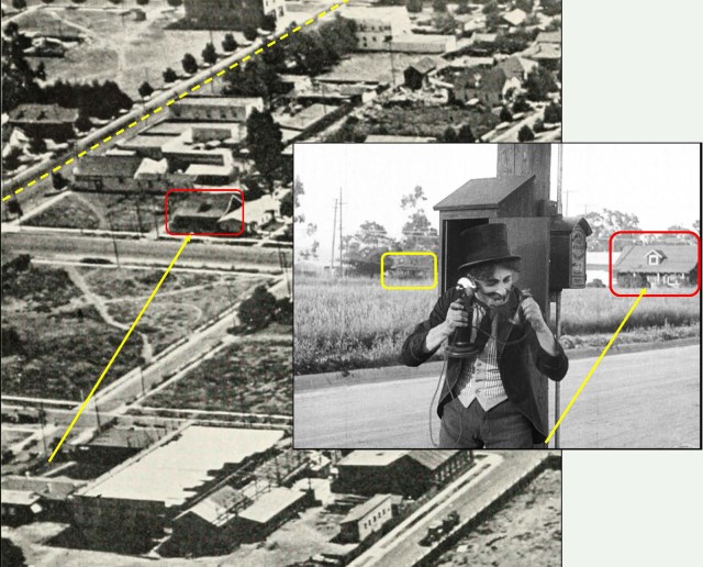 Leo White frantically telephones the fire department standing on Eleanor mid-way between Cahuenga and Lillian Way. A trolley (yellow box) runs east along Santa Monica Blvd., while the distinctive single dormer home at 1062 Vine Street (red box) appears at back