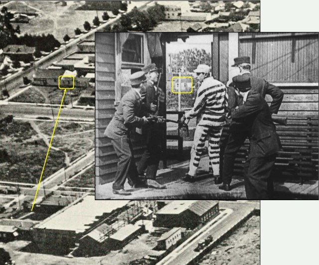 In Keaton's Convict 13 the police question a painter about his paint-striped clothes at the gated entryway into the studio grounds. The back of the market at Santa Monica, east of Vine, appears through the entrance.
