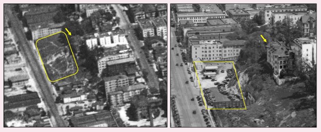 The left image was taken in 1923. A portion of the hillside along Flower Street was excavated, making way for a new building, gas station, and parking lot. LAPL.