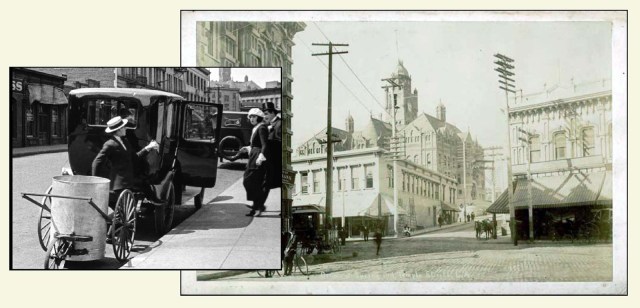 Looking north up Weller Street toward the tower of the former Los Angeles County Courthouse (1891-1935).