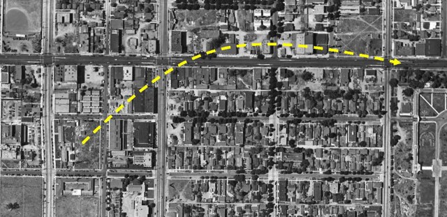 A 1938 view from the site of the demolished Keaton Studio, left, to Santa Monica and Gower. USC Digital Library.