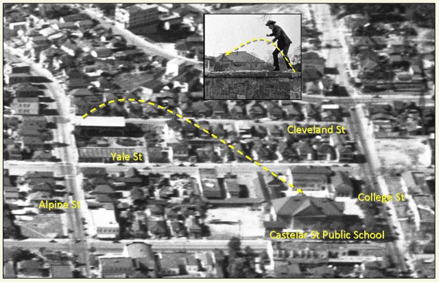Looking west, this 1928 view shows Harold's corner at Cleveland and Alpine in relation to the Castellar school. The words "Yale St" appear over the one story garage that replaced the orphanage in 1919. This stretch of Castelar Street is now called N. Hill Street.
