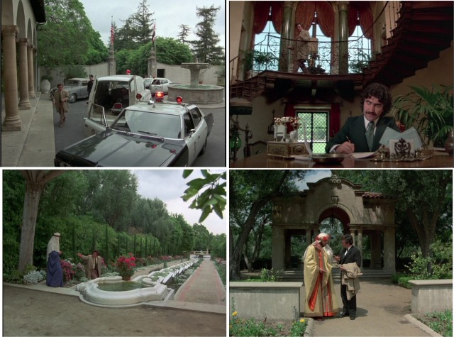 Views of the entrance courtyard, the interior master staircase, the cascading fountain, and a free-standing pergola.