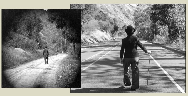 The final scene from The Tramp (1915) recreated in 2016.