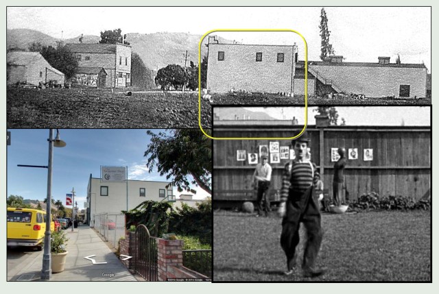 Charlie struts and performs calisthenics within the fenced in studio ground. He walked with his dog along the other side of this fence. Looking east, the top of the extant Edison Theater peaks over the fence. The color view shows the side of the theater today, now home to the Niles Essanay Silent Film Museum. 