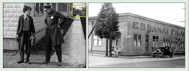 Charlie captures the attention of a policeman in this view looking west along the front of the studio. The bleachers for the adjacent Sullivan Park baseball field (box) appears in the upper right corner.