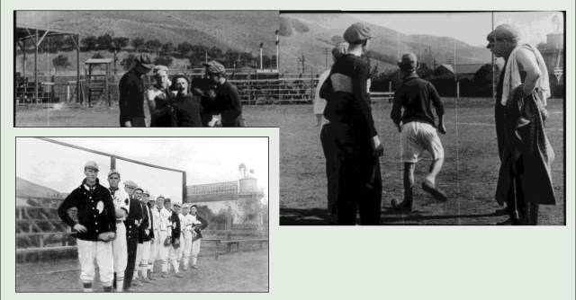 Looking north, this panoramic view of the ball park combines frames from Ben Turpin's film. The inset shows the Essanay Studio baseball team in 1913. Second from the right stands Rollie Totheroh, Chaplin's cameraman for 26 years.