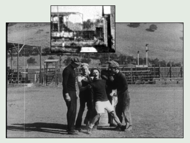Looking north, this frame from Ben Turpin's 1913 comedy shows the Sullivan Park baseball field, due west of the studio. The inset, reversed for comparison, comes from Charlie's scene.