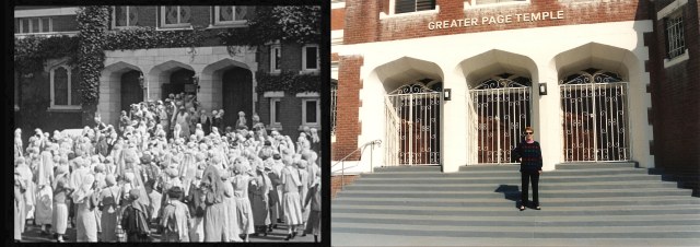 The late Mrs. Eleanor Keaton on the steps of the Seven Chances church. She joked that whereas hundreds of women before her had failed, she was the one woman to capture Buster.